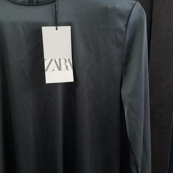 NWT SATIN Effect DARK CHARCOAL GRAY Long Sleeve Midi Dress - Picture 10 of 12